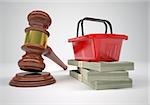 Gavel, wads money and shopping basket. The gray background