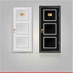 Black and white doors with golden doorplate and handle. Two illustrations on white.