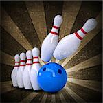Bowling ball breaks standing pins. Sports background. Grunge style