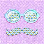 Colorful Glasses and Mustaches with Cloud Pattern. Vector Retro Background