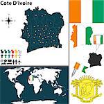 Vector of Ivory Coast (Cote D'lvoire) set with detailed country shape with region borders, flags and icons