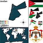 Vector map of Jordan with regions, coat of arms and location on world map