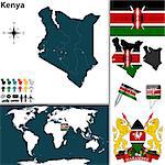 Vector of Kenya set with detailed country shape with region borders, flags and icons