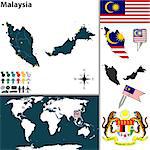 Vector map of Malaysia with regions, coat of arms and location on world map