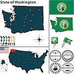 Vector set of Washington state with flag and icons on white background