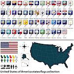 Vector of map United States of America with all states flags collection