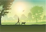 Silhouette of a female jogging with her dog in the countryside