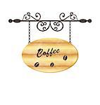 Illustration wooden sign with coffee bean, floral forging elements - vector