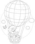 Little girl travelling with her kitten on a colorful air balloon with flowers