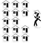 Concept illustration showing a man carrying a house after selecting it from several similar ones