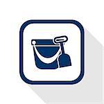 square blue icon pail and shovel with long shadow