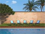 Tropical garden with swimming pool and deckchair - rendering