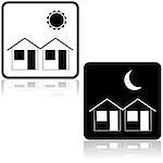 Icon illustration showing a couple of houses during the day and at night