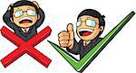 A vector set of two image: a man in suit with check mark and thumb up, while another one with cross mark and show frustation. Drawn in cartoon style, this vector is very good for design that needs office element in cute, funny, colorful and cheerful style.