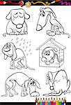Coloring Book or Page Cartoon Illustration of Black and White Poor Sad Homeless Stray Dogs Set for Children