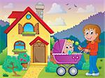 Mother with baby near house - eps10 vector illustration.