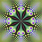 A digital abstract fractal image with a spotted pattern design in green, yellow, blue and purple.