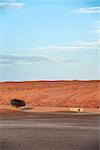 Desert Wahiba in Oman with building, tree and clouds on blue sky