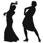 Two black silhouettes of female flamenco dancer on the white background for your design