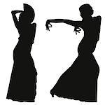 Two black silhouettes of female flamenco dancer on the white background for your design