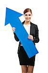 Beautiful young business woman holding a blue arrow, over a white background