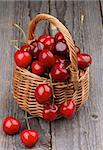 Ripe Sweet Cherries in Wicker Basket isolated on Rustic Wooden background