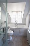 Bathroom with bathtub and shower in attic room, Whitechapel, London