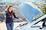 Frustrated woman talking on cell phone with automobile hood raised at roadside