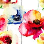 Stylized Poppy and Rose flowers illustration, seamless wallpaper