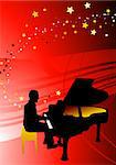Piano Musician on Abstract Red Background Original Illustration
