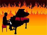 Piano Musician on Fire Background Original Illustration