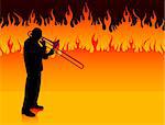 Trumpet Musician on Fire Background Original Illustration