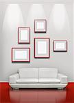 Picture gallery exhibition space red floor white sofa