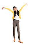 Portrait of an Asian girl open hands wide and smiling happy, full body standing isolated on white background.