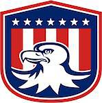 Illustration of a bald eagle head with american stars stripes flag set inside a shield crest done in retro style.