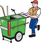 Illustration of a street cleaner worker pushing a cleaning trolley viewed from front on isolated background done in cartoon style.