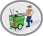 Illustration of a street cleaner worker pushing a cleaning trolley viewed from front set inside an oval circle on isolated background done in cartoon style.