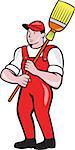 Illustration of a janitor cleaner worker holding broom sweep standing viewed from front set inside circle done in cartoon style.