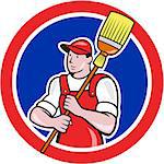 Illustration of a janitor cleaner worker holding broom sweep viewed from front set inside circle done in cartoon style.