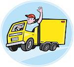 Illustration of a delivery truck lorry with driver waving done in cartoon style on isolated background