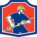 Illustration of an electrician holding a lightning bolt facing side done in retro style set inside a crest.