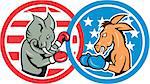 Illustration of a democrat donkey mascot of the democratic grand old party gop and republican elephant boxer boxing set inside two circle with American stars and stripes done in cartoon style.