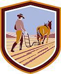 Illustration of farmer and horse plowing farm field viewed from back set inside crest shield done in retro style on isolated background.