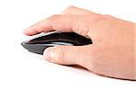Black touch wireless modern computer mouse in the hand isolated on white background