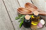 Herbs, spices and seasoning on wooden table background with copy space