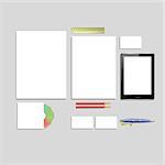 colorful illustration with office supplies on a gray background for your design