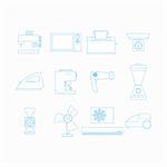 Blue contour icons for household appliances on white background.