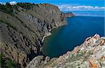 The steep rocky coast of the northern tip of the island of Olkhon. Lake Baikal, Russia.