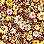 abstract seamless yellow floral ornament with spring flowers on red background