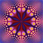 A digital fractal abstract image with a circular spotted design in blue, red, yellow, violet and orange.